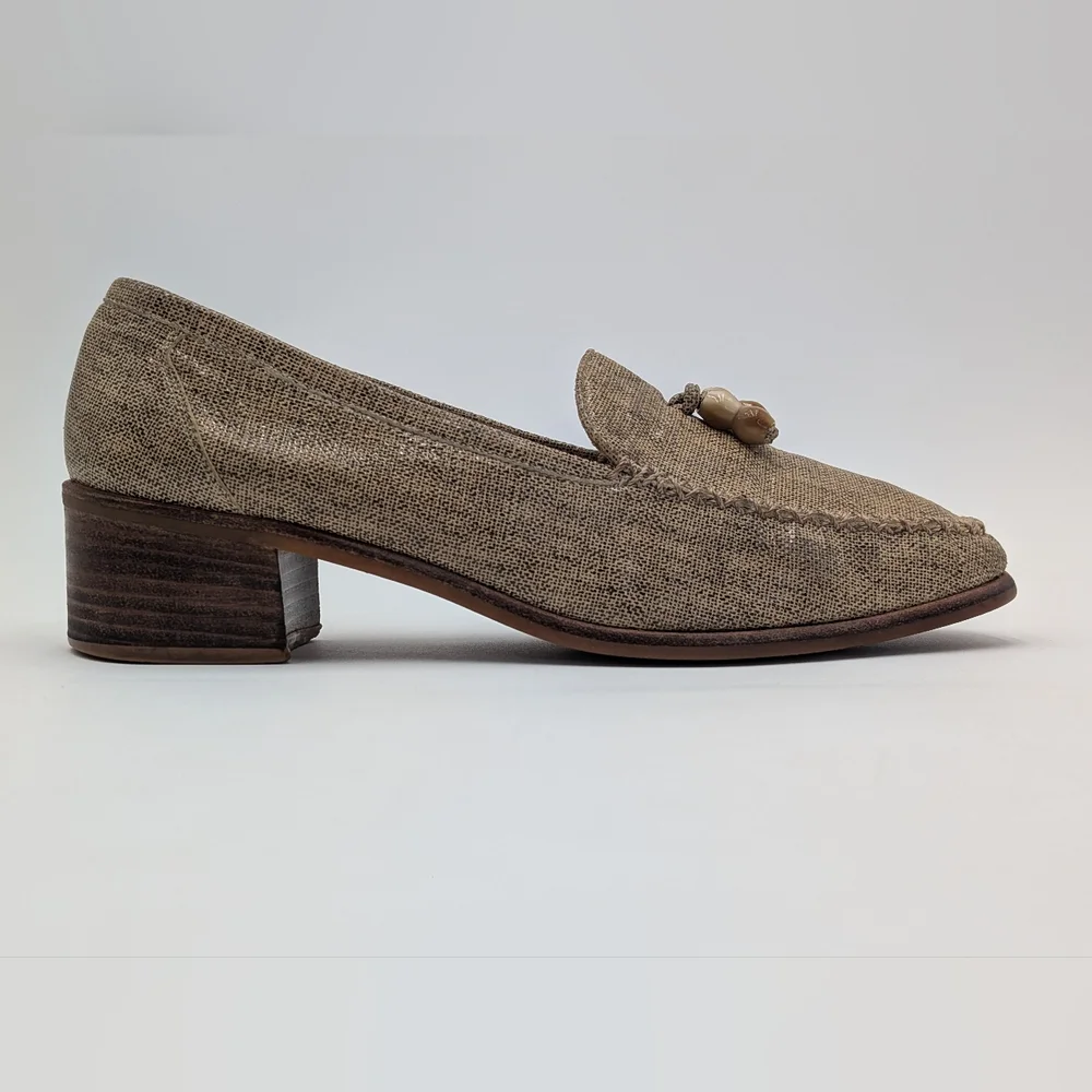 Stuart Weitzman Taube Woven Loafer Size 8.5 Wooden Beads Block Heel Square Toe - Picture 3 of 16